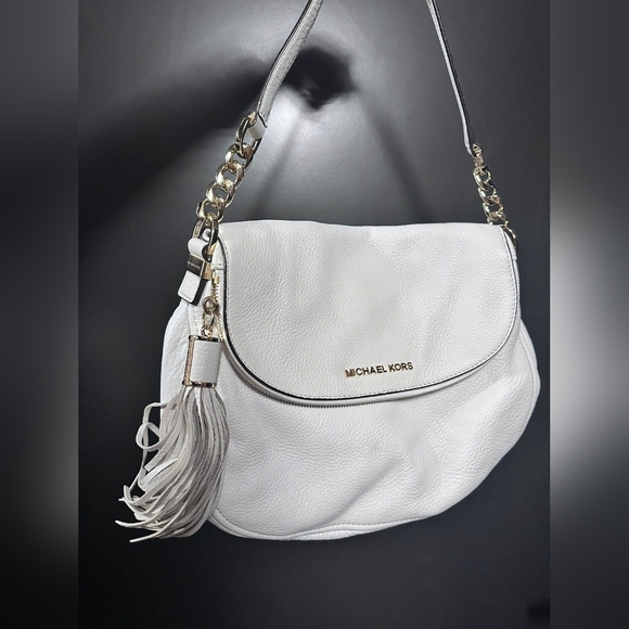 Michael Kors MK Designer Bedford White Leather Shoulder Bag Tassel Purse - Picture 1 of 2